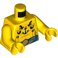 Torso Bare Chest with Anchors, Parrots, and Mermaids Tattoos, Blue Belt Print, Yellow Arms and Hands Yellow