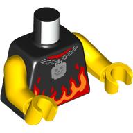 Torso, Shirt with Red/Orange Flames, Chain Necklace, Skull Pendant print, Yellow Arms and Hands Schwarz
