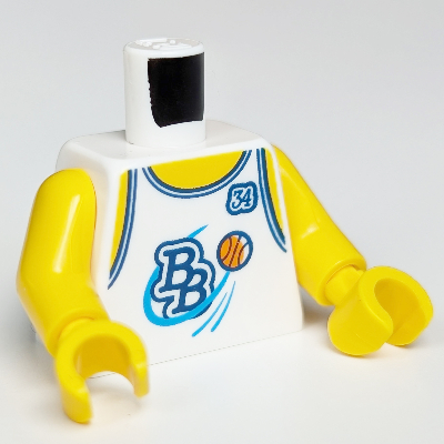 Torso Sports Shirt with 'BB', Orange Basketball and '34' on Back Print, Yellow Arms and Hands White