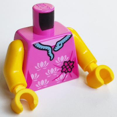 Torso Dress with Bright Pink Flowers, Silver Snake Print, Yellow Arms and Hands Dunkelrosa