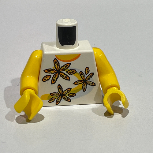 Torso Shirt 3 Flowers over Yellow and Silver Stripe / '2011 The LEGO Store Alderwood Mall, Lynnwood, WA' on Back Print, Yellow Arms and Hands White