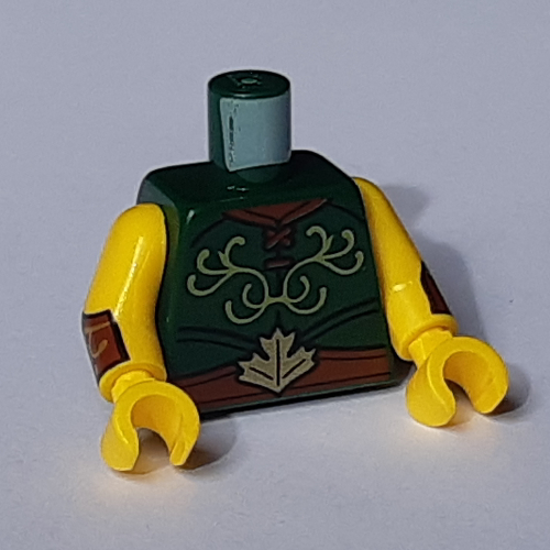 Torso Tunic with Laces, Lime Decoration and Reddish Brown Belt with Leaf Print, Yellow Arms and Hands with Cuffs Print Dark Green