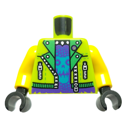 Torso, Jacket, Bright Green Collar, Zippers, Dark Purple Shirt Shirt, Azure Skull print, Yellow Arms, Black Hands Lime