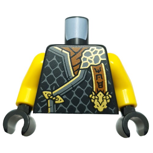 Torso, Ninja Robes, Dark Bluish Grey Trim, Scales, Dark Orange Banner with Asian Symbols, Gold Dragon Head print, Yellow Arms, Black Hands Schwarz