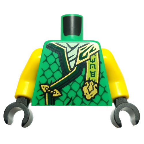 Torso, Ninja Robes, Gold/Dark Green Trim, Scales, Yellowish Green Banner, Gold Dragon Head print, Yellow Arms, Black Hands Bright Green