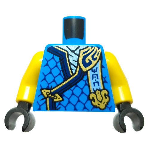 Torso, Ninja Robes, Dark Blue/Gold Trim, Scales, Bright Light Blue Banner, Gold Dragon Head print, Yellow Arms, Black Hands Dark Azure