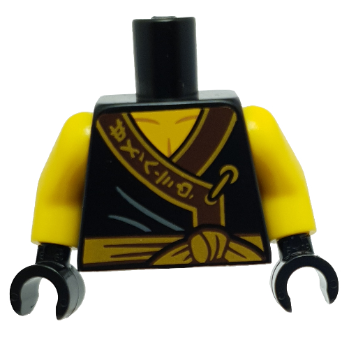 Torso Robe, Dark Brown Trim, Gold Asian Characters, Gold Tied Sash Belt Print, Yellow Arms, Black Hands Schwarz