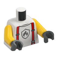 Torso, Red Suspenders, Light Bluish Grey Fire Fighter Logo print, Yellow Arms, Dark Bluish Gray Hands White