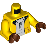 Torso Hoodie, Black Collar, Pocket, Open over White Undershirt, Tooth Necklace Print, Yellow Arms, Reddish Brown Hands Yellow