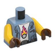 Torso, Jacket, Black Belt, White Shirt with Flaming Tire print, Yellow Arms, Reddish Brown Hands Sandblau