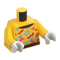 Torso, Reddish Brown Belt, Collar, Red/Bright Light Blue/Coral Shapes print, Yellow Arms, White Hands Yellow