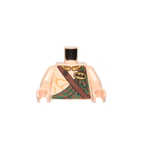 Torso Bare Chest Muscles, Dark Green Tartan Kilt, Dark Brown Diagonal Belt and Batman Logo in Yellow Oval Print, Light Nougat Arms and Hands Hellnougat