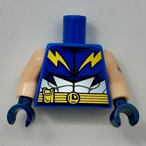 Torso Jumpsuit, Gold Lightning, Belt, White Muscles print, Light Nougat Arms, Dark Blue Hands Blue