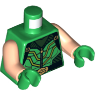 Torso Armor, Black Striped Vest with Clasps and Lime Lines, Zipper, Belt with Gold Buckle and Muscles Print (Green Arrow), Light Nougat Arms, Green Hands Grün