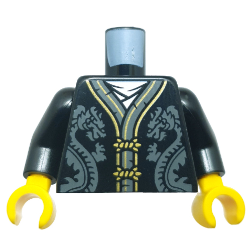 Torso, Robe, Dark Bluish Grey/Gold Trim, Dark Bluish Grey Dragons on Front, Gold Dragon on Back print, Black Arms, Yellow Hands Black