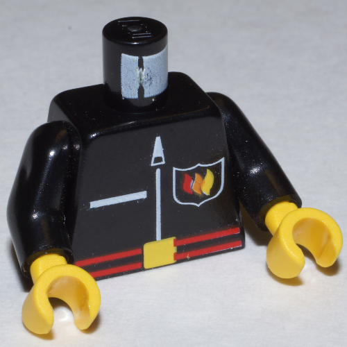 Torso Jacket with Fire Flame Badge, Red Belt, and Zipper Print, Black Arms, Yellow Hands Black