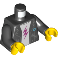 Torso Leather Jacket, Open over White Undershirt with Magenta Lightning Bolt Print, Black Arms, Yellow Hands Schwarz