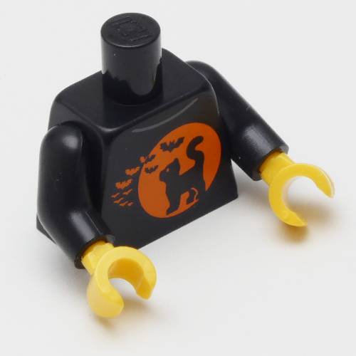 Torso Halloween Shirt with Orange Circle, Black Cat, Bats Print, Black Arms, Yellow Hands Black