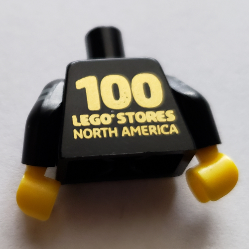 Torso Shirt with Name Tag, Light Bluish Gray Stripes / '100 LEGO Stores North America' on Back Print, Black Arms, Yellow Hands Black