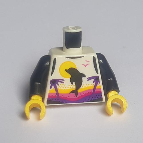 Torso Tank Top with Dolphin, Palm Trees, and Sun, with Magenta, Dark Pink, and Dark Purple Sunset Print, Black Arms, Yellow Hands Weiß