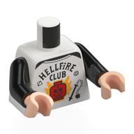 Torso, Black 'HELLFIRE CLUB', Red Minifig Head, Orange Flames print, Black Arms, Light Nougat Hands White