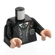 Torso, Robe, Light Bluish Grey Vest, Dark Bluish Grey Sweater, White Shirt, Slytherin Badge, Tie print, Black Arms, Light Nougat Hands Black