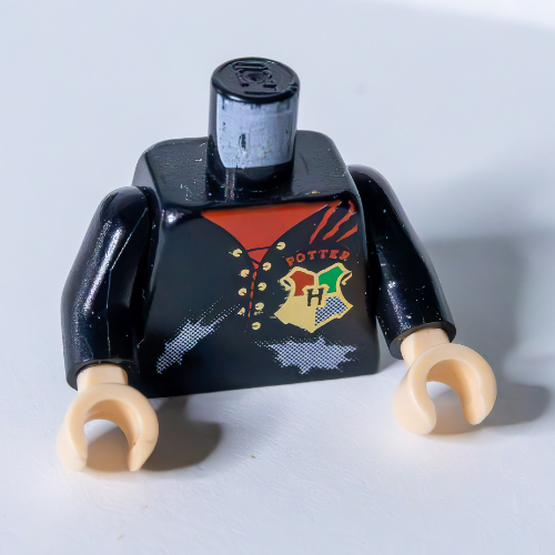 Torso Jacket, Red Shirt, Tatters, Hogwarts Tri-Wizard Tournament Uniform with Crest and 'POTTER' Print, Black Arms, Light Nougat Hands Black