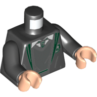 Torso Robe with Dark Green Trim and Slytherin Crest, Open over V-Necked Sweater, White Shirt, and Dark Green Striped Tie Print, Black Arms, Light Nougat Hands Black