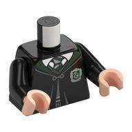 Torso Robe Clasped with Dark Green Trim and Slytherin Crest over Sweater, Dark Green Striped Tie Print, Black Arms, Light Nougat Hands Schwarz