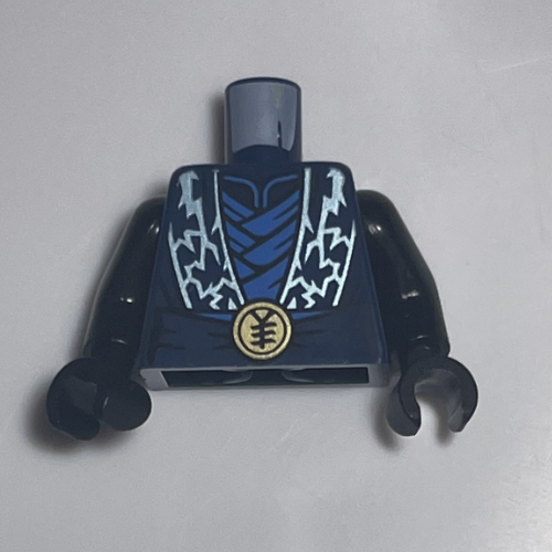 Torso, Ninja Robe, Metal Gold Lightning Bolts, Blue Tunic, Sash, Gold Belt Buckle print, Black Arms and Hands Dunkelblau