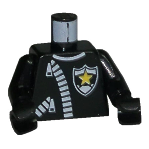 Torso Leather Jacket, Zipper, Yellow Star Police Badge Print, Black Arms and Hands Black
