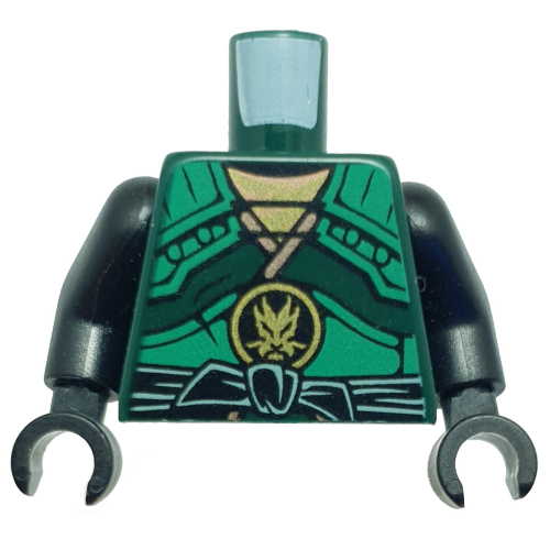 Torso Armor with Green Straps and Black Sash with Golden Dragon Emblem Print, Black Arms and Hands Dark Green