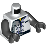 Torso Robe with Three Black Clasps, Mechanical Components and Silver Saw Blade Emblem Print, Black Arms and Hands White