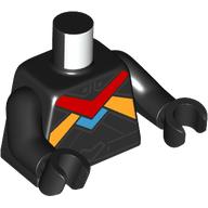 Torso, Racing Suit, Red/Bright Light Orange/Medium Azure Stripes print, Black Arms and Hands Black