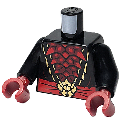 Torso, Ninja Robes, Dark Red Spikes Chest, Red Sash, Gold Buckle, Trim print, Black Arms, Dark Red Hands Black