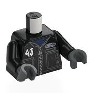 Torso, Racing Jacket, Silver '43', 'BLOCK', Metal Blue 'DERELICT' on Black print, Black Arms, Dark Bluish Gray Hands Schwarz