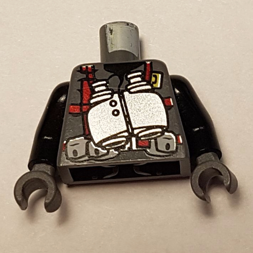 Torso Vest with Red Harness and Silver Binoculars Print, Black Arms, Dark Bluish Gray Hands Dark Bluish Gray