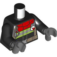 Torso Fire Jacket with Red Collar and Reflective Stripes / Fire Logo Print, Black Arms, Dark Bluish Gray Hands Black