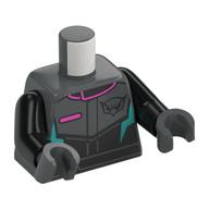 Torso, Dark Bluish Grey Racing Suit, Coral Trim, Dark Turquoise Lightning Bolts print, Black Arms, Dark Bluish Gray Hands Dark Bluish Gray
