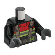 Torso, Red Fire Fighter Suit, Silver/Neon Yellow Reflective Stripes, Dark Tan Straps print, Black Arms, Dark Bluish Gray Hands Black