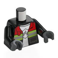 Torso Fire Jacket with Red Collar and Reflective Stripes, Open over White Shirt with Fire Logo Print, Black Arms, Dark Bluish Gray Hands Schwarz