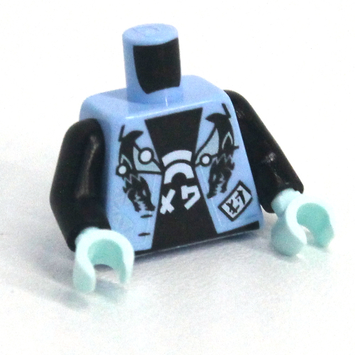 Torso Jacket Vest, Open over Black Undershirt with White Emblem Print, Black Arms, Light Aqua Hands Bright Light Blue