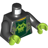 Torso Open Jacket over Dark Green Shirt with Lime Pixelated Alien Print, Black Arms, Lime Hands Black