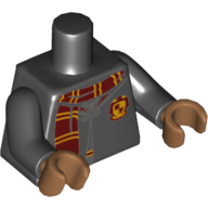Torso Robe Clasped over Sweater, Dark Red and Bright Light Orange Scarf, Gryffindor Crest Print, Black Arms, Medium Nougat Hands Black