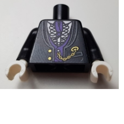 Torso Jacket Formal with White Shirt with Frills, Dark Purple Vest and Cravat, Gold Watch Chain Print, Black Arms, White Hands Schwarz