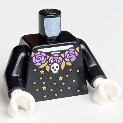 Torso Dress, Catrina, White Skeleton, Skull, Medium Lavender Flowers, Gold Stars and Dots Print, Black Arms, White Hands Schwarz