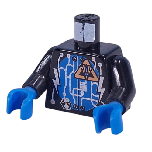 Torso Insectoids Silver Circuitry, Lightning Bolts over Blue Circle Print, Black Arms, Blue Hands Black