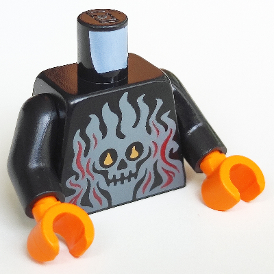 Torso, Dark Bluish Grey and Red Flames and Skull Print, Black Arms, Orange Hands Black