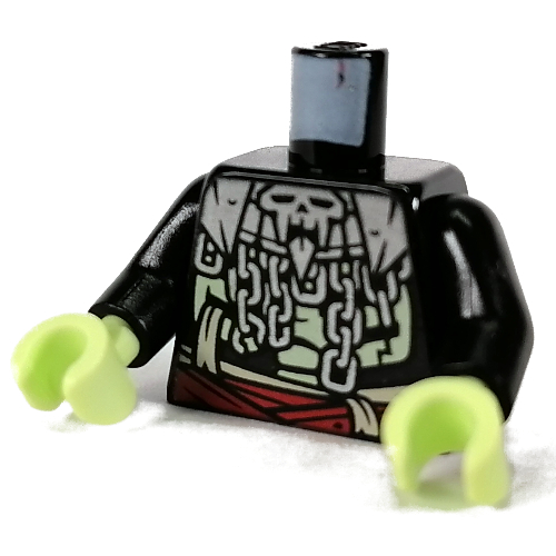 Torso, Silver Chains, Skull, Red Belt, Yellowish Green Ribcage print, Black Arms, Yellowish Green Hands Black