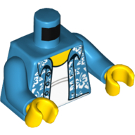 Torso Hawaiian Shirt Open with White Flowers over White Undershirt Print, Dark Azure Arms, Yellow Hands Dunkelazur